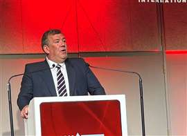 Photo of Peter Douglas, IPAF CEO, speaking at the IPAF Summit in Dublin. (Photo: KHL)