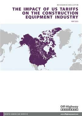 Photo showing the front cover of Off-Highway Research's new report on the impact of tariffs on the US construction equipment industry.