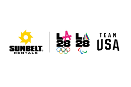Imagem mostrando os logotipos da Sunbelt Rentals, LA28 e Team USA.