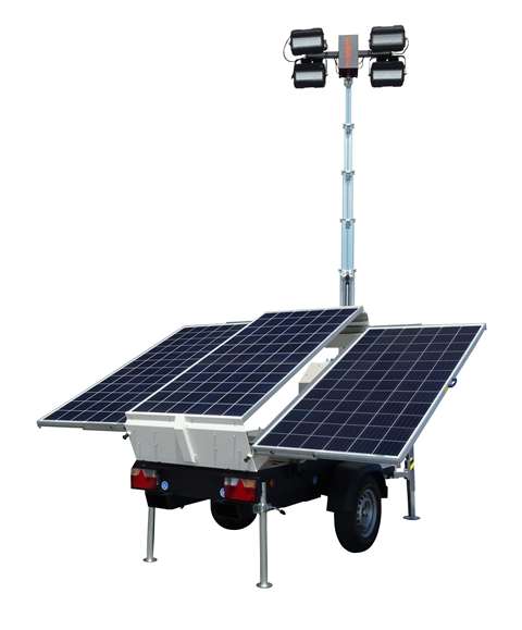 The VT-Solar, a generator-free lighting tower with three solar panels.