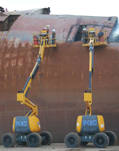 Two Haulotte HA 16 PXs works to remove a stranded ferry off Lancashire coast.