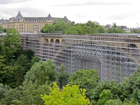 Layer scaffolding at the Adolphe Bridge in Luxembourg.
